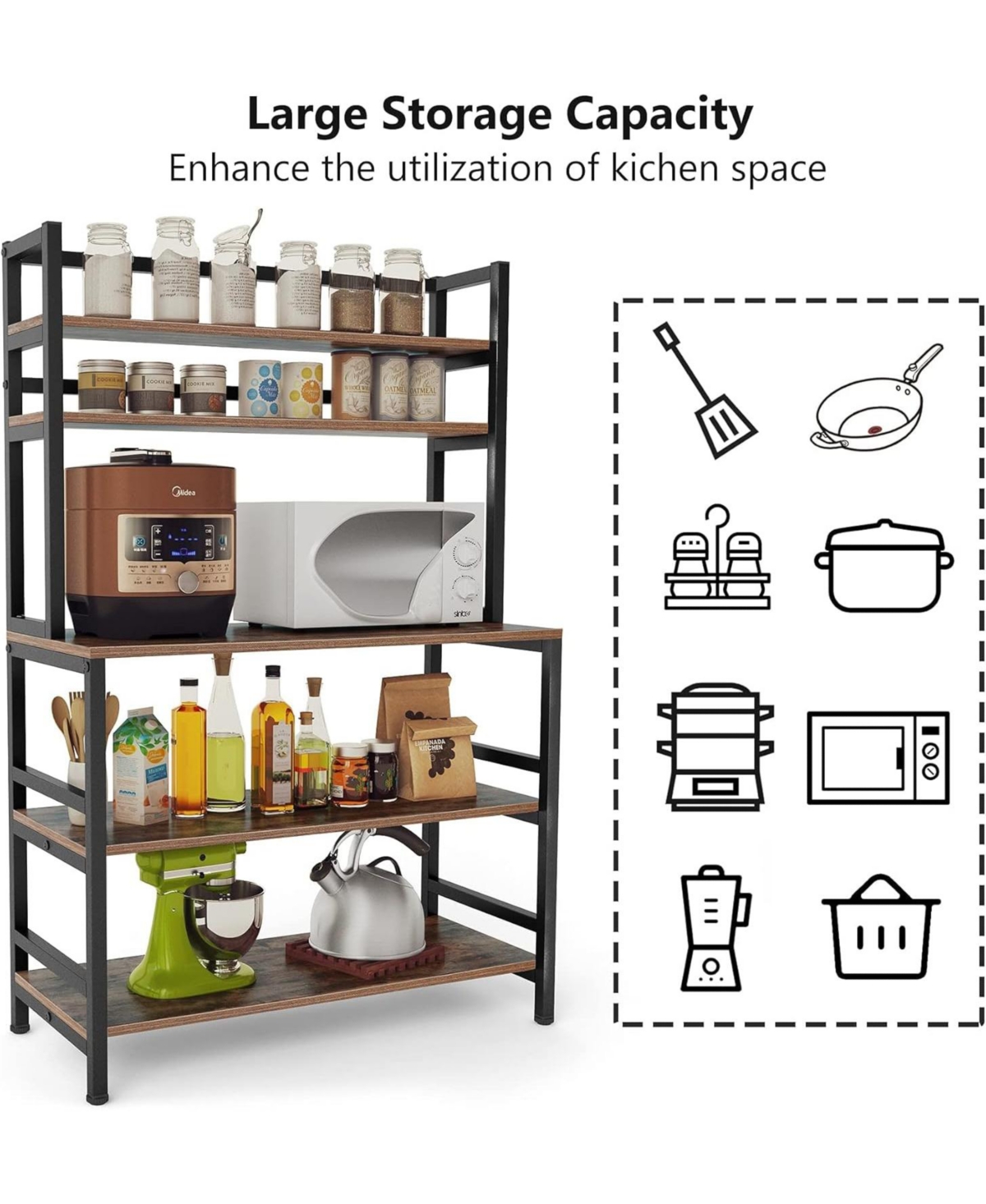 Tribesigns Bakers Rack with Hutch, Microwave Oven Stand, 5-Tier Kitchen Utility Storage Shelf, Height Free Standing Kitchen Organizer for Spices, Pots