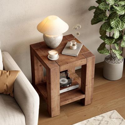19.69" Solid Wood Side Table, Farmhouse 2-Tier End Table with Storage Shelves, Rustic Brown