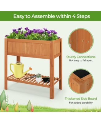 Outdoor Raised Garden Bed Fir Wood Planter Box with Bottom Storage Shelf and Protective Liner