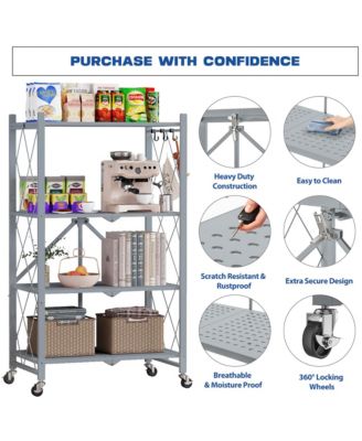 4-Tier Folding Storage Shelves Metal Folding Shelves with Wheels, 600Lbs Capacity, Grey