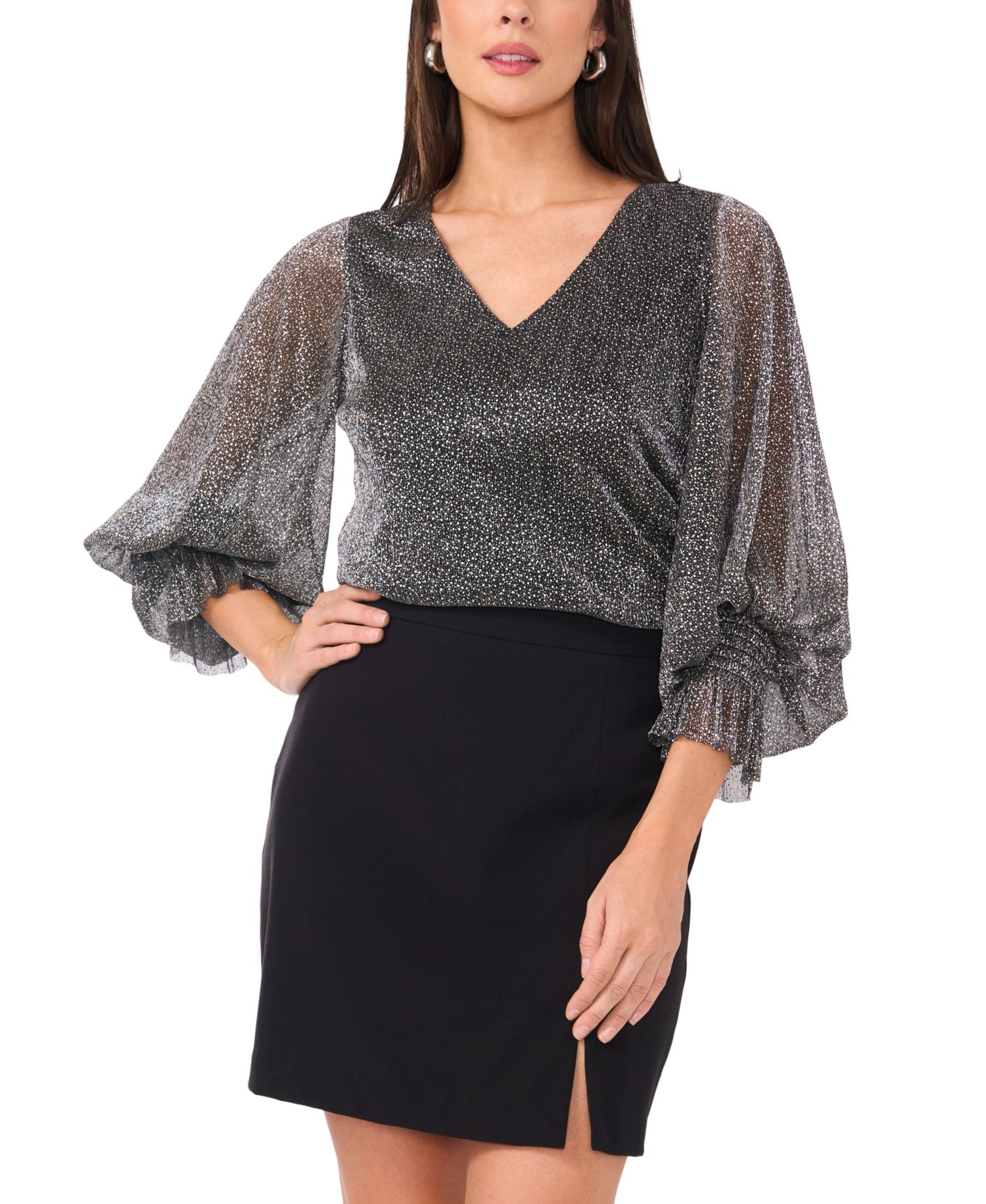 Women's Metallic V-Neck Sheer-Sleeve Top