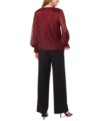 Women's Metallic V-Neck Sheer-Sleeve Top