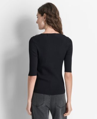 Women's Embellished-Neck Half-Sleeve Ribbed Sweater