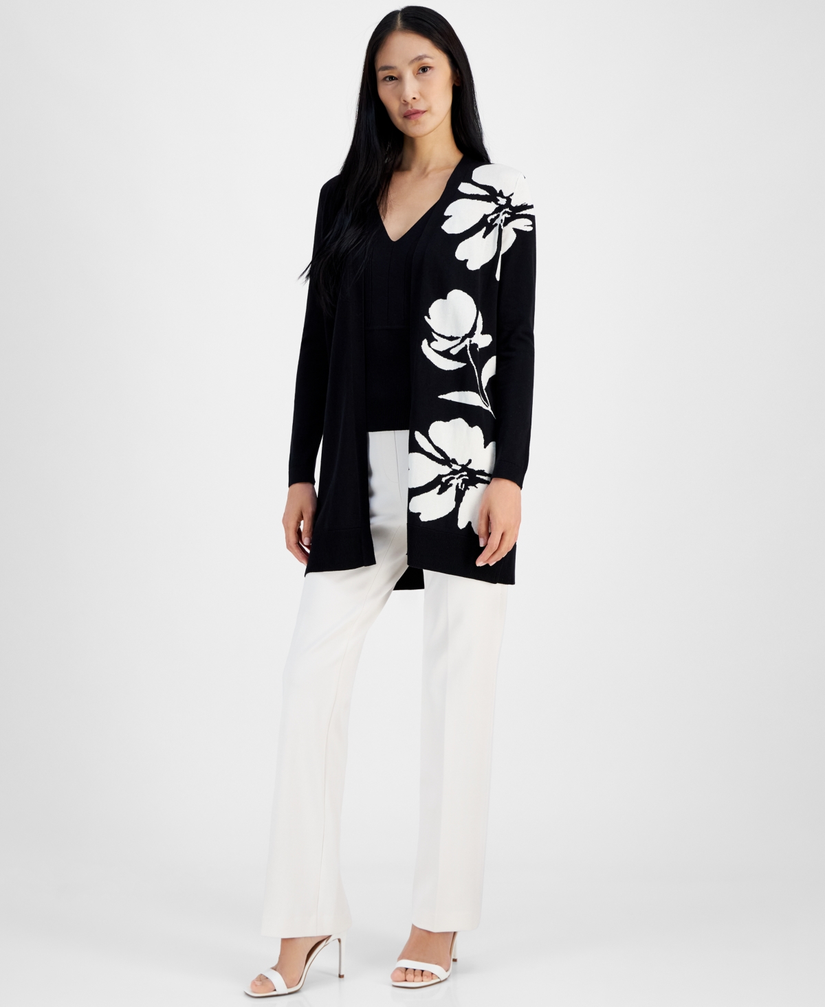 Anne Klein Women's Floral Instarsia Open-Front Cardiga -anne White
