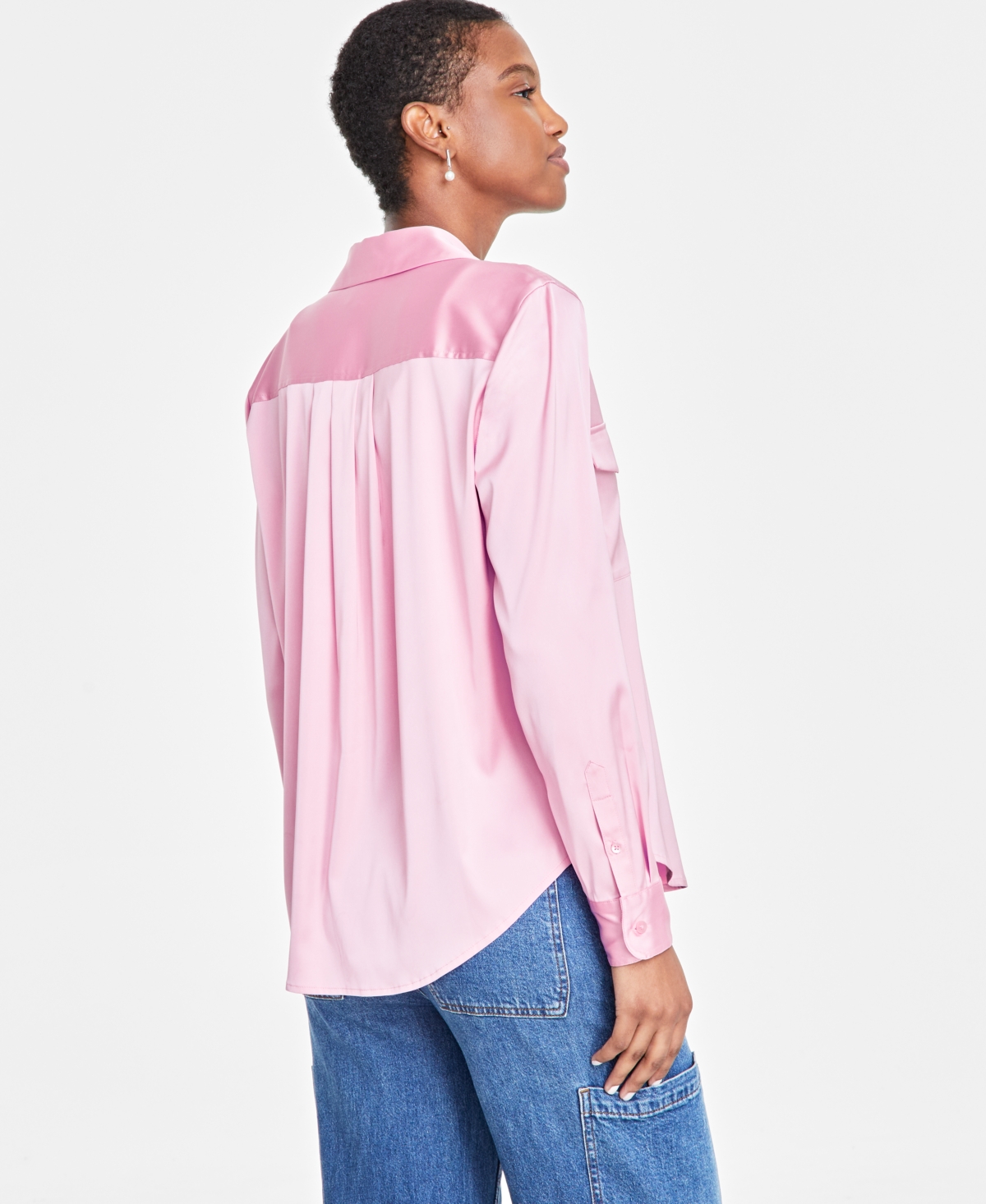 ON 34TH WOMEN'S BUTTON-FRONT LONG-SLEEVE SATIN UTILITY SHIRT, CREATED FOR MACY'S 