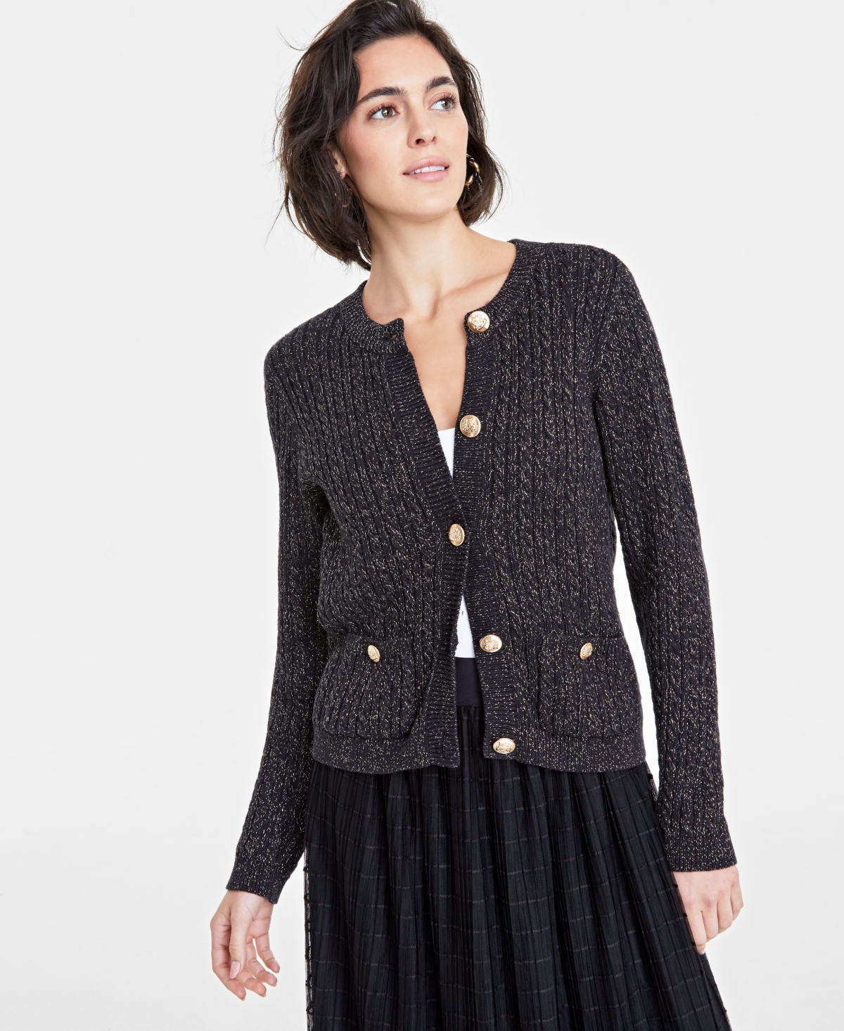 Women's Metallic Cable-Knit Sweater Jacket, Created for Macy's - Deep Black
