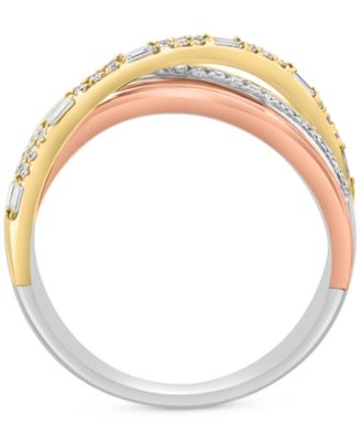 EFFY&reg; Diamond Round & Baguette Crossover Statement Ring (1/4 ct. t.w.) in 14k Tricolor Gold