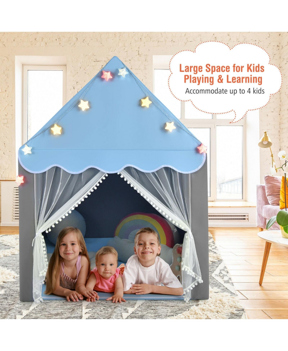 Kids Playhouse Tent with Star Lights and Mat