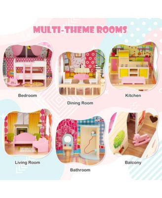Doll House Playset with 3 Stories and 6 Simulated Rooms and 15 Pieces of Furniture