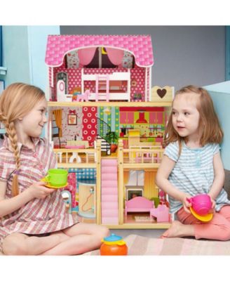 Doll House Playset with 3 Stories and 6 Simulated Rooms and 15 Pieces of Furniture