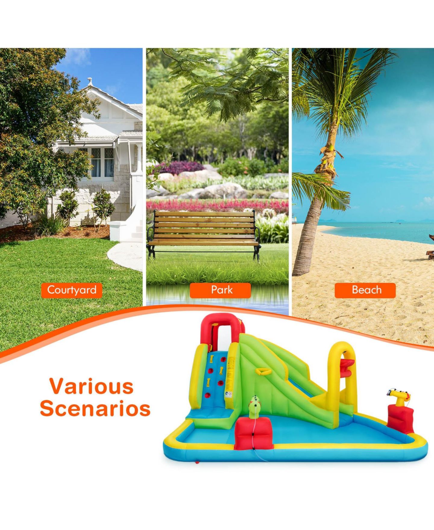 Детская игрушка INOLAIT Inflatable Splash Jump Slide Water Park with Climbing Wall, Splash Pool and Basketball Rim — фото 6