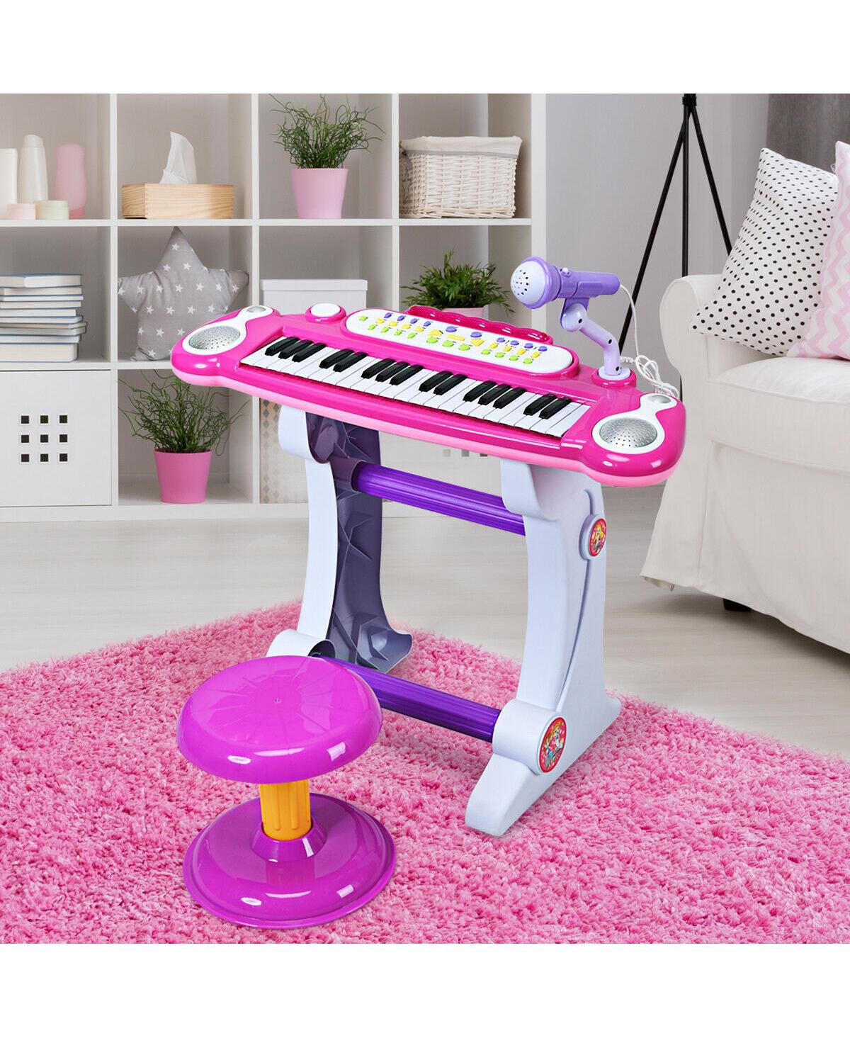 Gymax Kids Electronic Keyboard Piano MP3 Input 37 Key Microphone Stool Toy - Pink+red+white