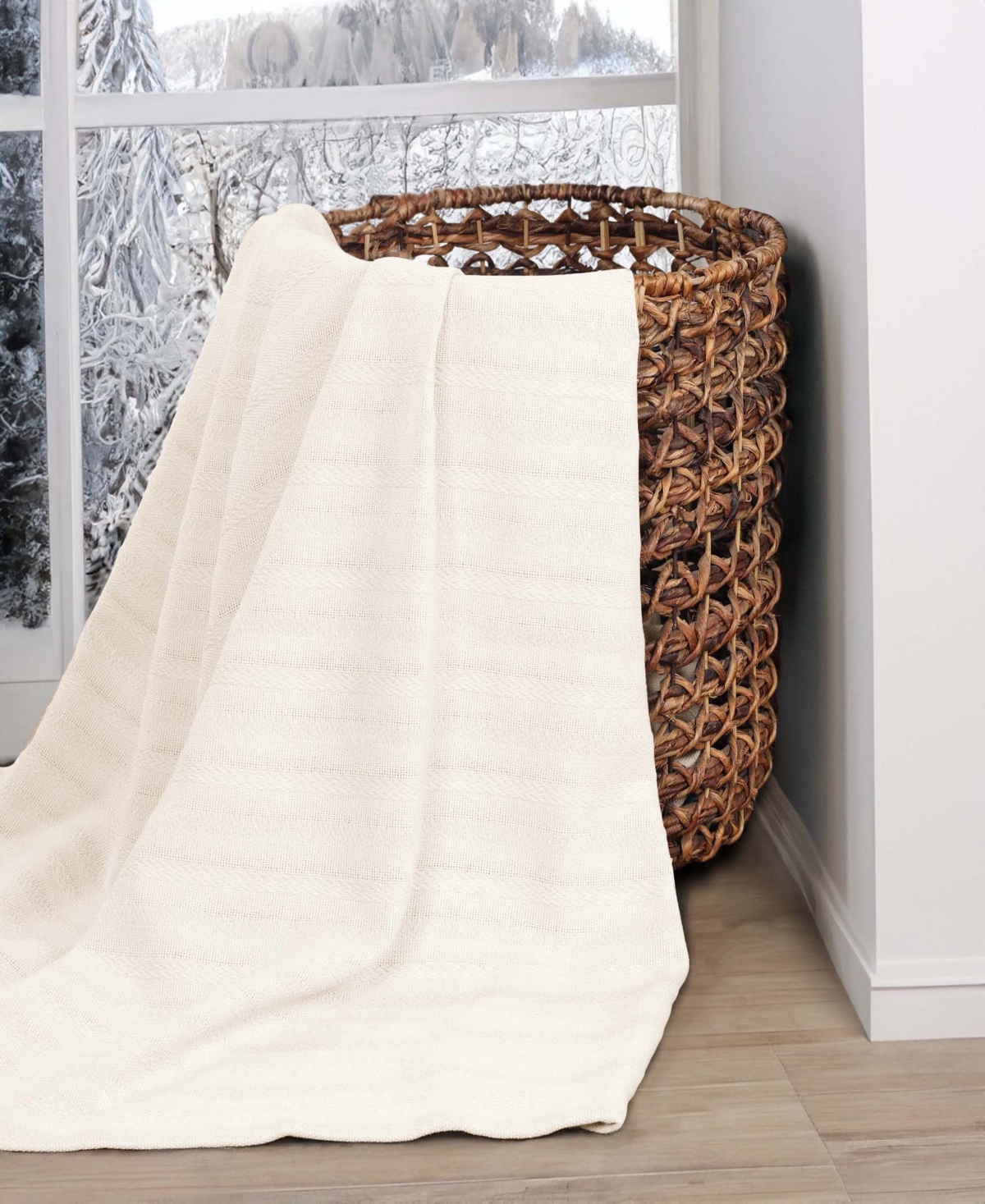 Superior Clara Cotton Textured Striped Lightweight Woven Blanket, Twin In Ivory