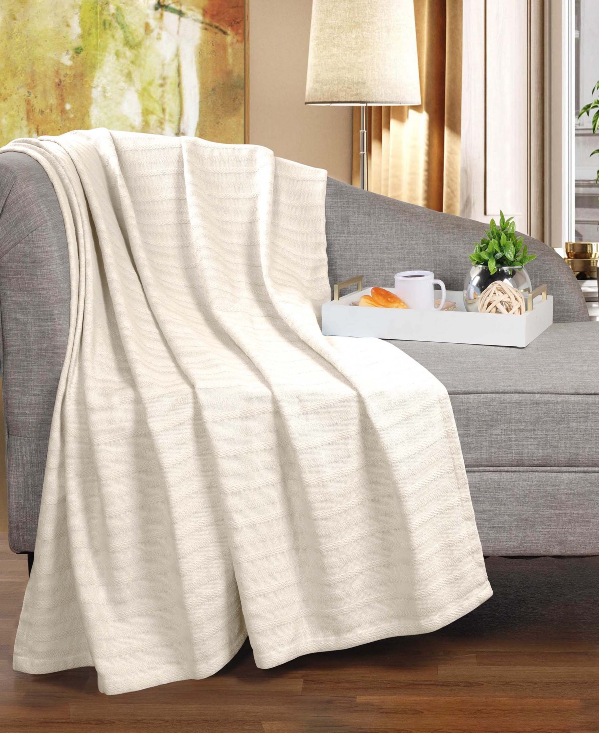 Superior Clara Cotton Textured Striped Lightweight Woven Throw, 50" X 60" In Ivory