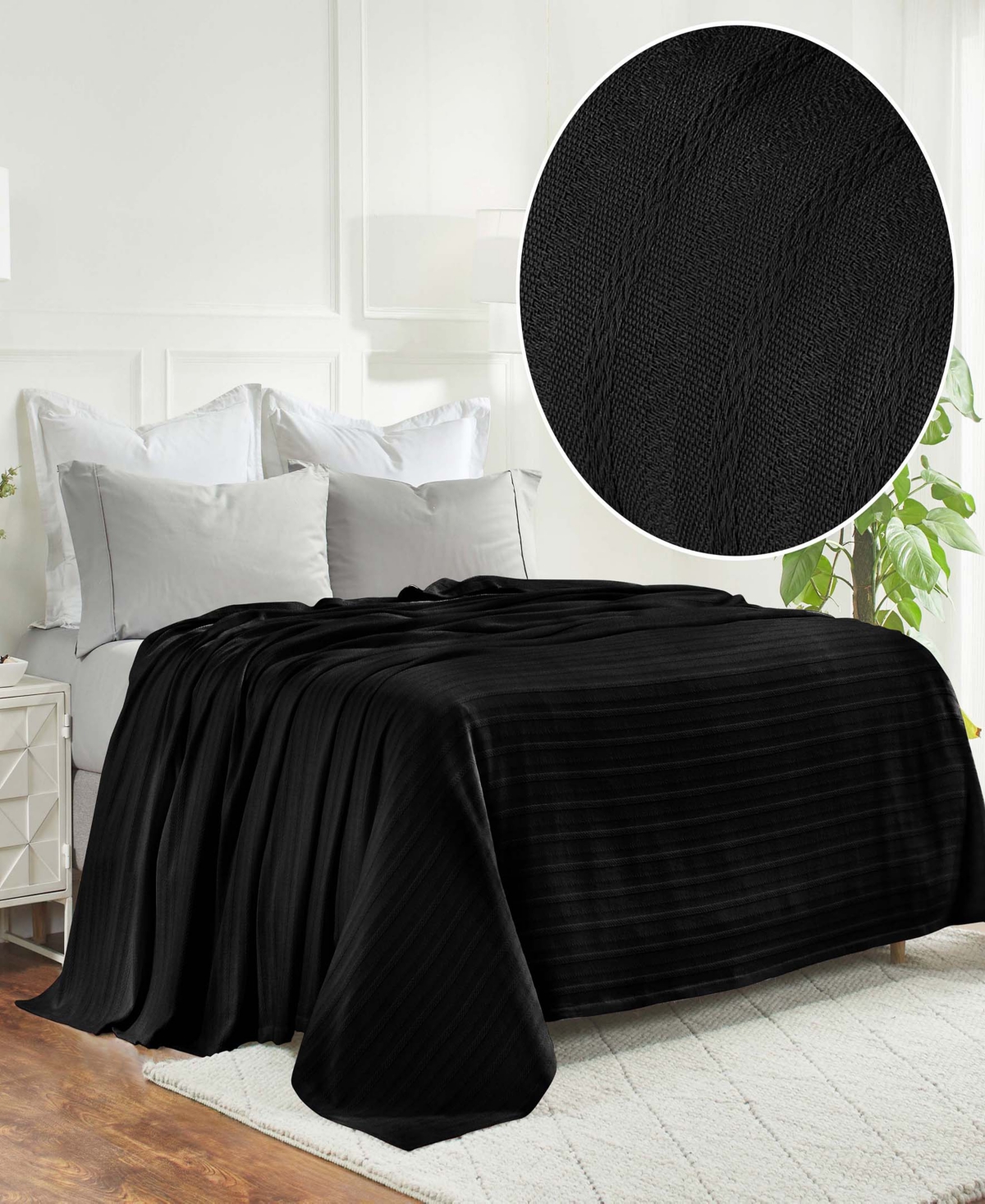 Superior Clara Cotton Textured Striped Lightweight Woven Blanket, California King In Black