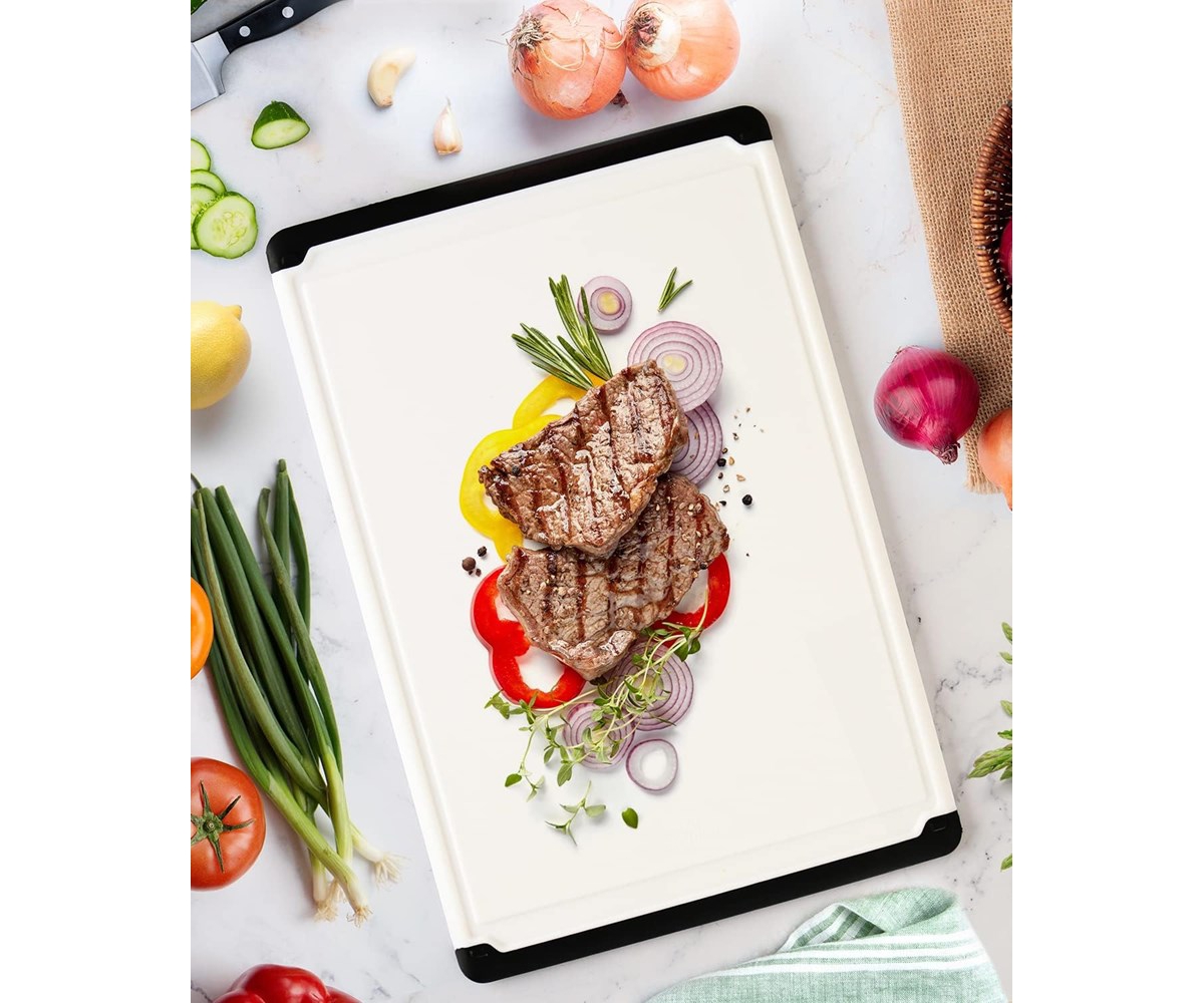 Belwares Cutting Board - Plastic Cutting Boards for Kitchen, 18 x 12 Inch with Rubber Edges, Juice Grooves, Non-Slip, Dishwasher Safe - Thick, D