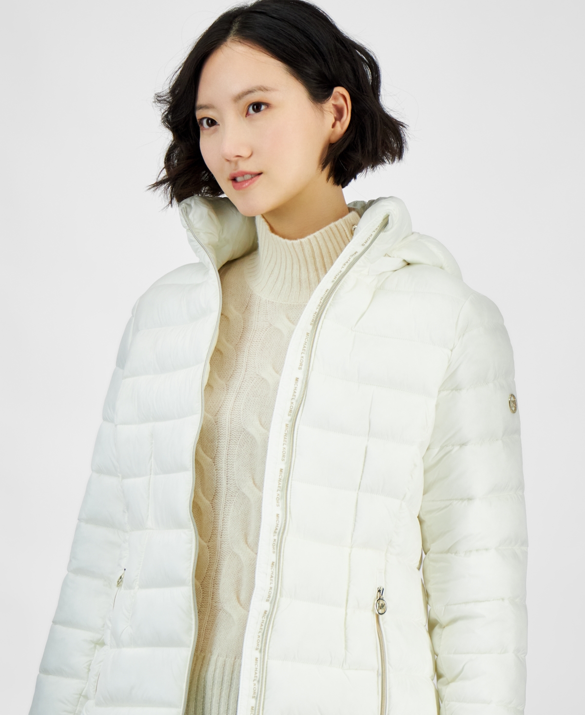 Michael Kors Michael  Women's Hooded Zip Packable Down Puffer Coat In Bone