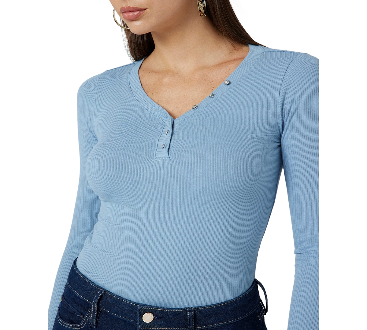 Guess Women's Kyla Ribbed Henley Long-Sleeve Top