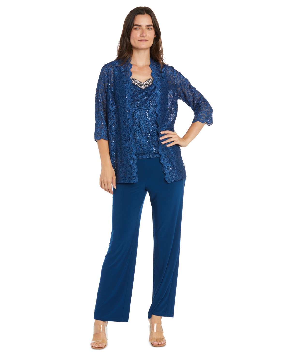 R & M Richards Plus Size Embellished Jacket, Sleeveless Top And Pants Set In Peacock