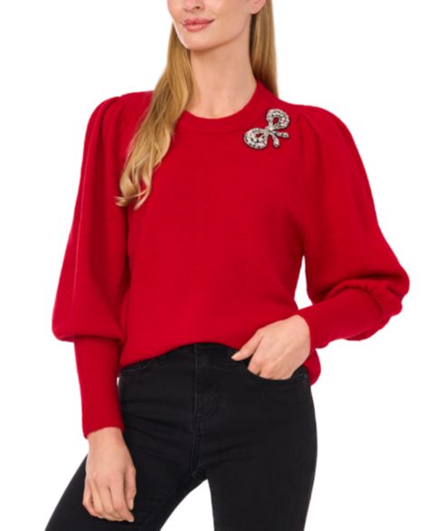 Женский свитер CeCe Rhinestone Bow Crew Neck, цвет: Красный