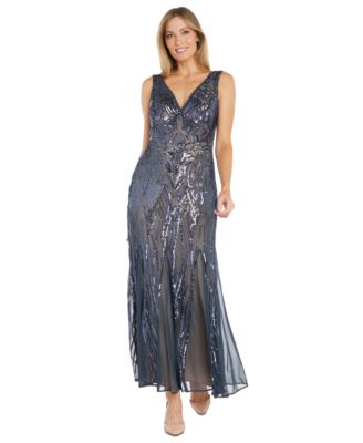 R & M Richards - Women's Sequined V-Neck Godet Gown