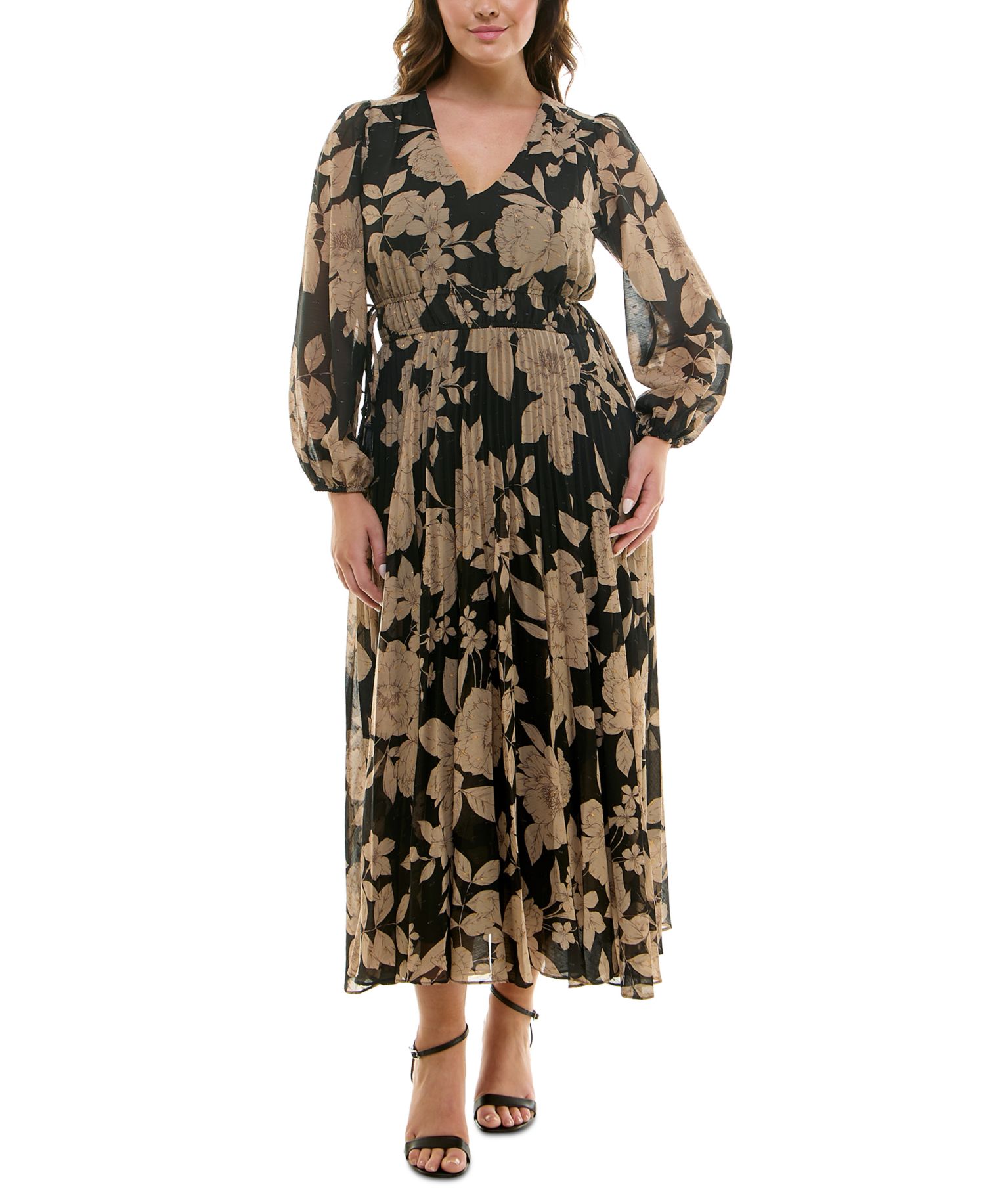 Plus Floral Chiffon V-Neck Pleated Dress
