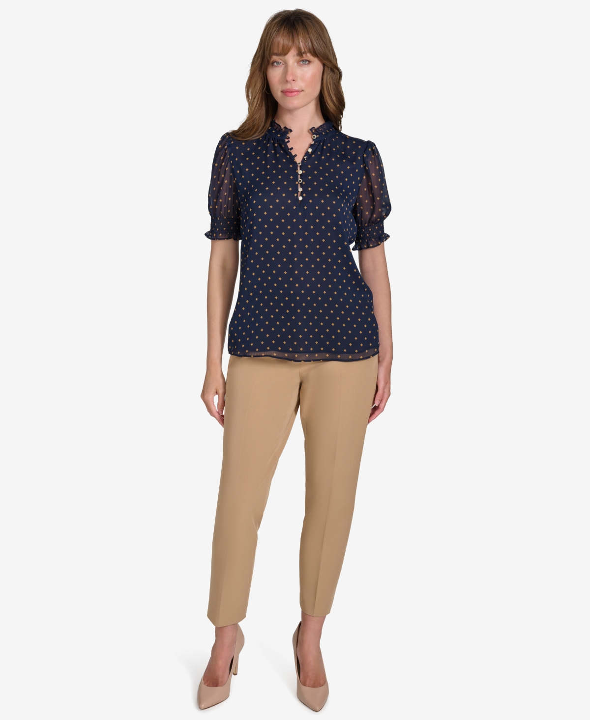 Tommy Hilfiger Women's Printed Ruffled-Collar Top -taba