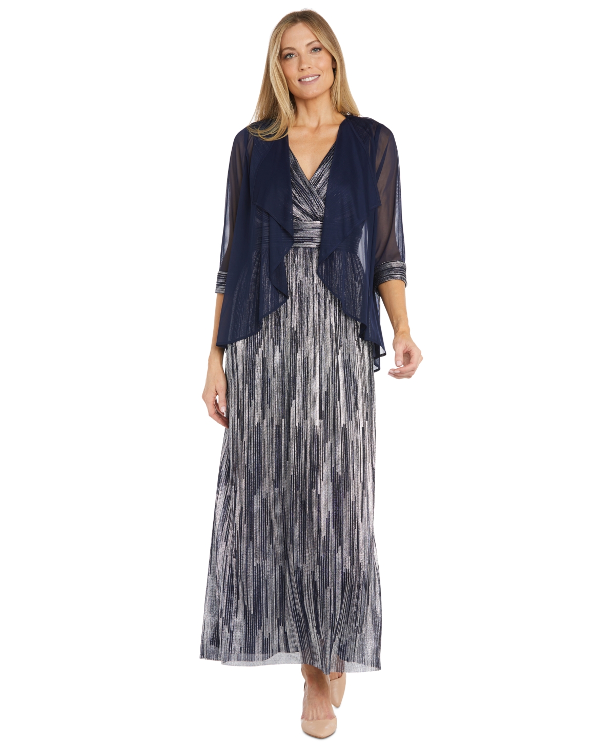 R & M Richards Women's Draped Open-Front Sheer Jacket & Metallic Gown -Silver