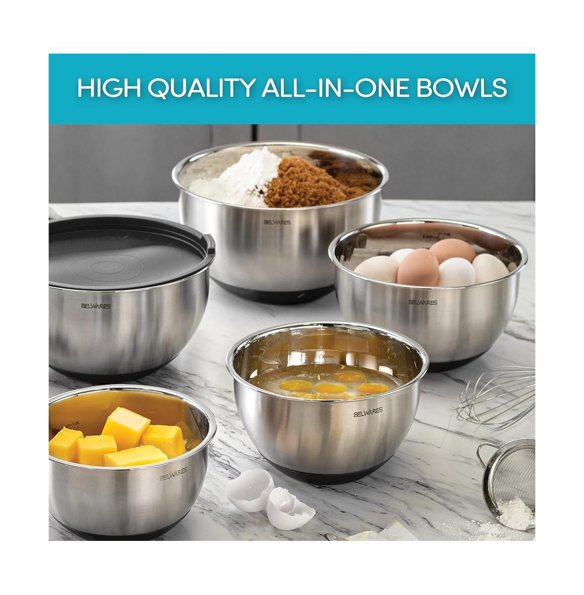 Belwares Mixing Bowls with Lids - Nesting Bowls with Airtight Lids + Graters - Stainless Steel Non-Slip Mixing Bowl for Baking