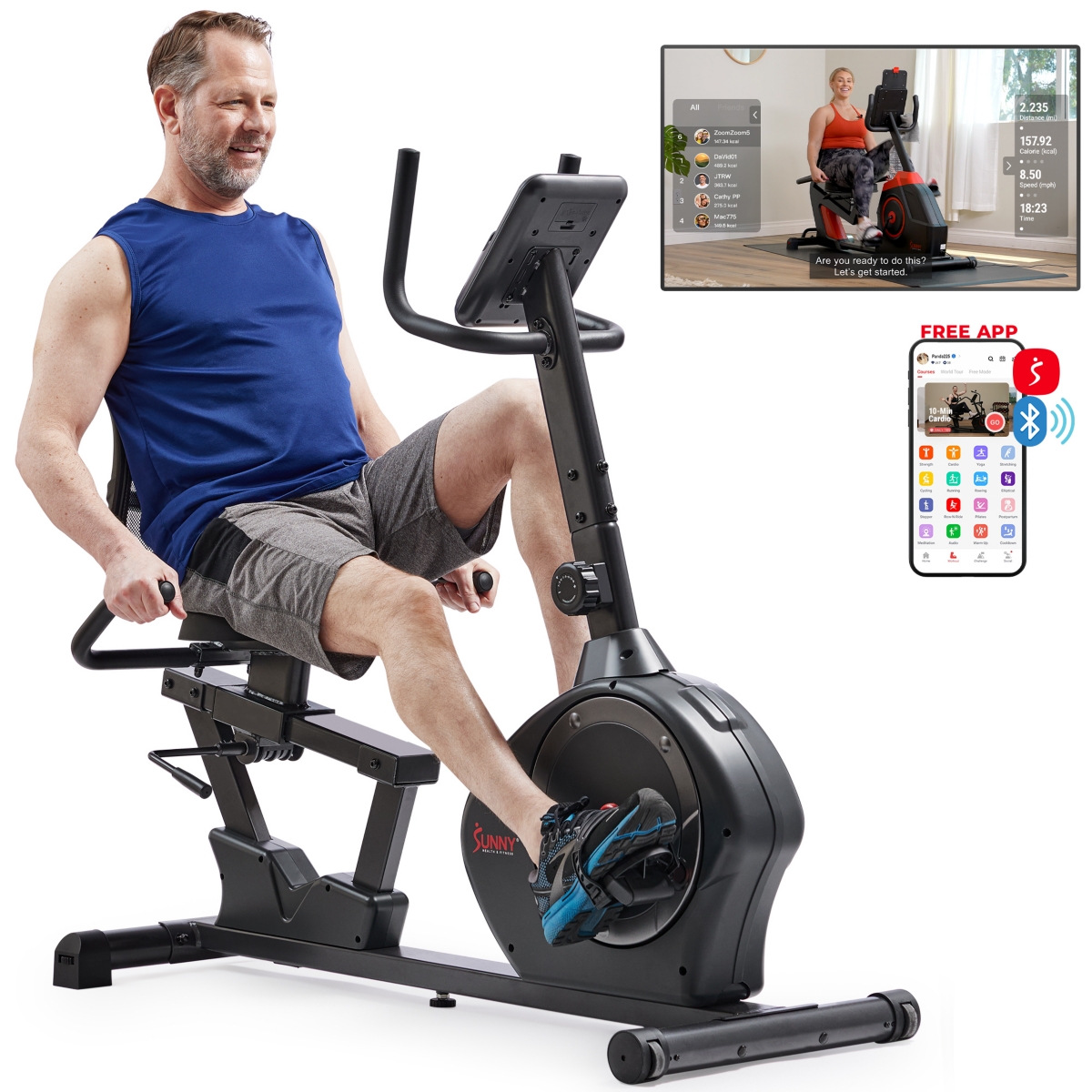 Smart Recumbent Bike Exercise Machine, 350LB Capacity, with Exclusive SunnyFit App Bluetooth Link - Dark gray