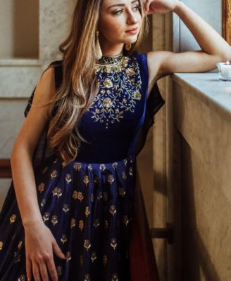 Women's Blue Anarkali Gown with Sequins and Cutdana Handwork on the Torso and Banarasi Jacquard Bottom