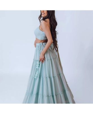 Women's Shimmer Sky Blue Tiered Skirt with Blouse and Dupatta