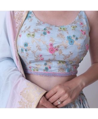 Women's Pastel Floral Jacquard Silk Crop Top with Beadwork and Tiered Skirt Set with Dupatta