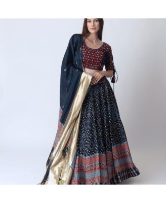 Women's Bandhani Print Lace Up Detail Chaniya Choli with Embroidered Blouse and Dupatta