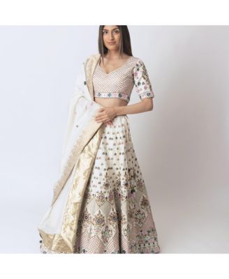 Women's Hand Embroidered White Raw Silk Lehenga Choli
