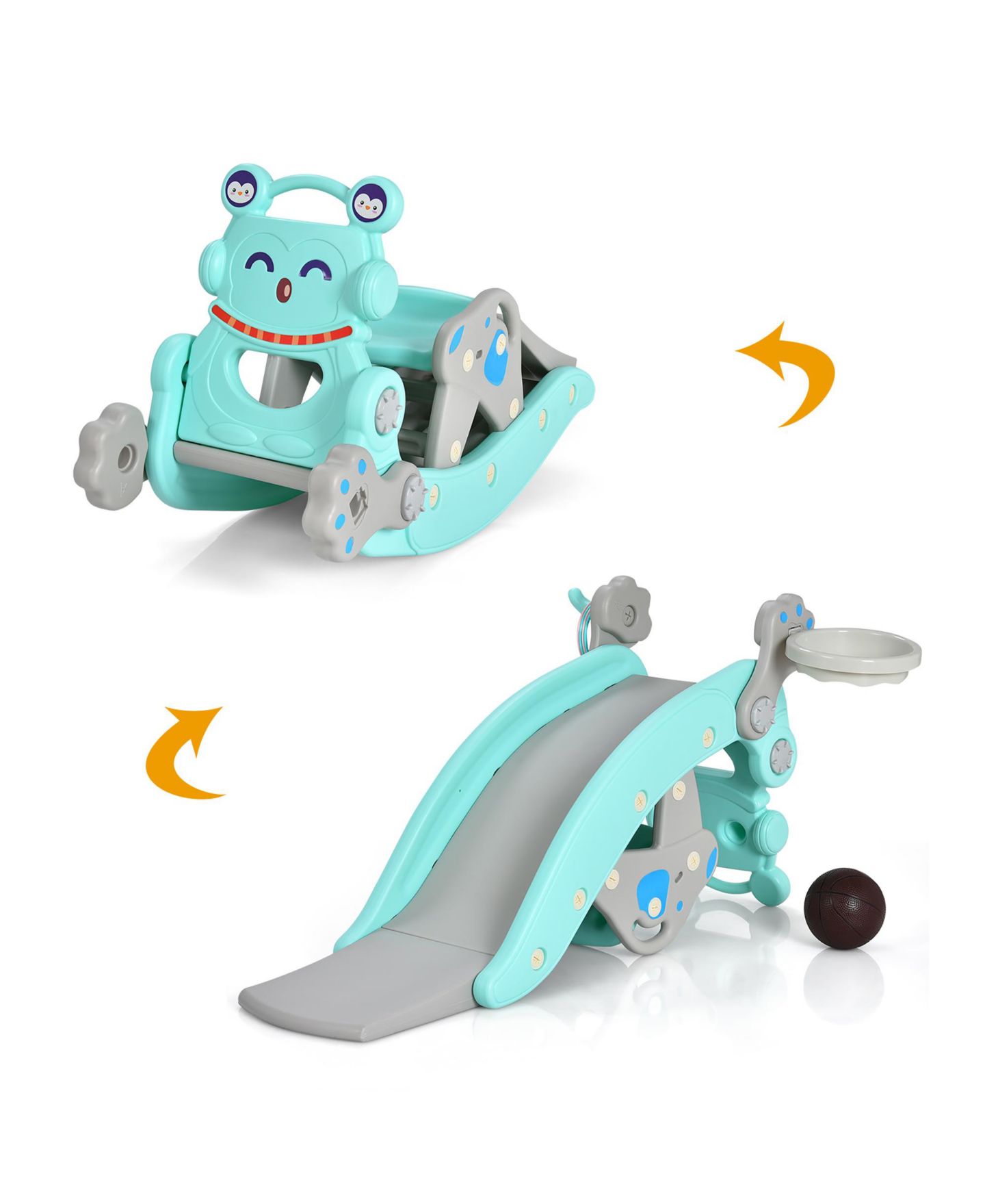 Детские игрушки Costway 4-in-1 Rocking Horse & Slide Set, Hdpe, with Basketball Hoop and Ring Toss, Ages 1-5, цвет: Синий — фото 1