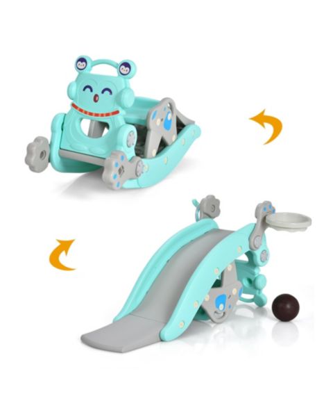 Детские игрушки Costway 4-in-1 Rocking Horse & Slide Set, Hdpe, with Basketball Hoop and Ring Toss, Ages 1-5, цвет: Синий