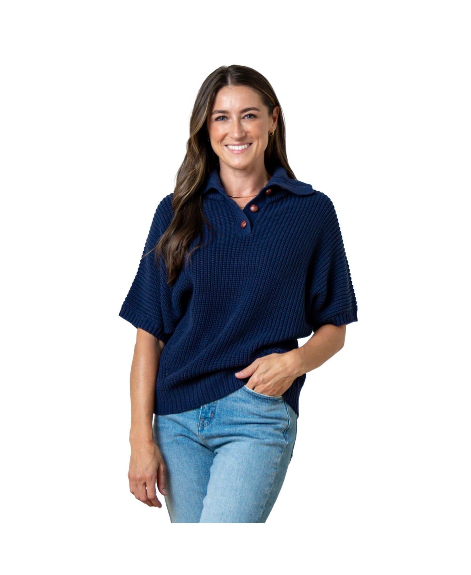 Women's Hope and Henry Organic Short Sleeve Spread Collar Sweater