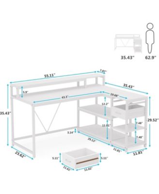 55-inches Reversible L Shaped Desk with Drawer, Modern White L Corner Desk Home Office Table, Wooden and Metal PC Desk