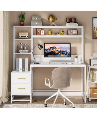 55 Inch Computer Desk with 2 Drawers and Storage Shelves, Rustic Office Desk with Hutch, Study Writing Gaming Table Laptop Workstation