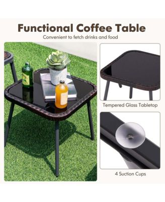 3 PCS Patio Rattan Furniture Set with Tempered Glass Tabletop Wicker Seat