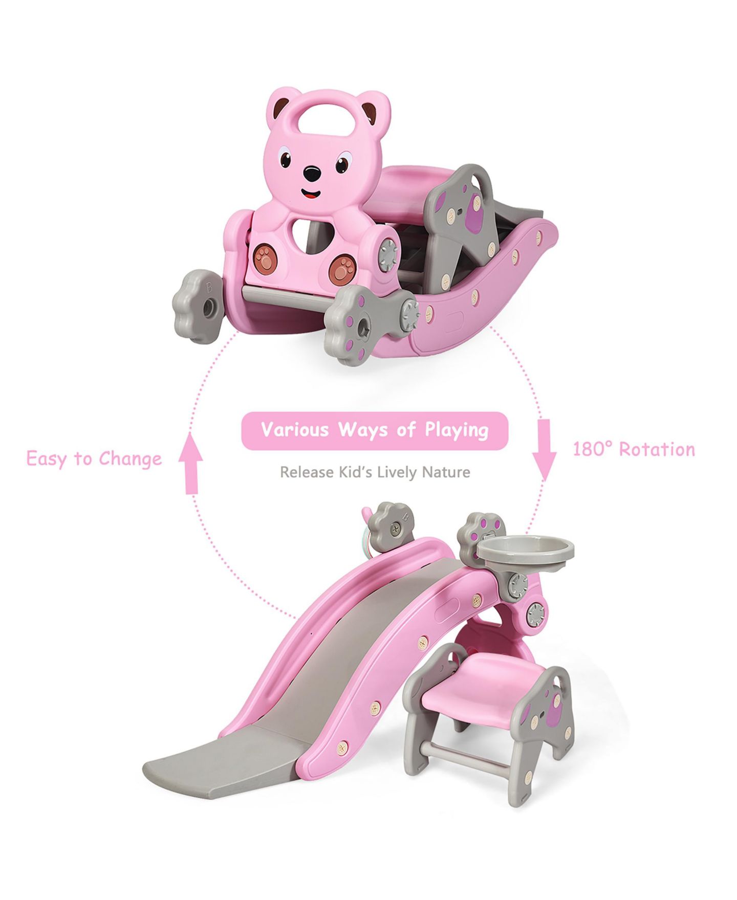 Детские игрушки Costway 4-in-1 Rocking Horse Slide Set with Basketball Hoop and Ring Game, 132 lbs., Ages 1-5, цвет: Розовый — фото 8