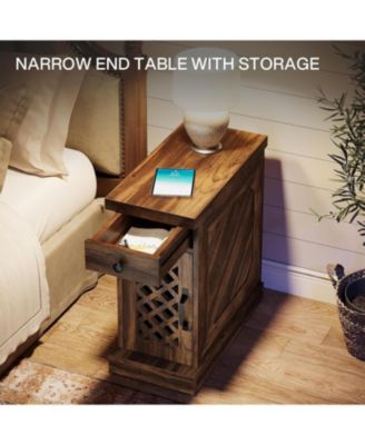 End Table Set of 2, Narrow Side Table with Drawer and Cabinet, Farmhouse Nightstand Sofa End Table for Small Space, Living Room, Bedroom, Vintage Brown