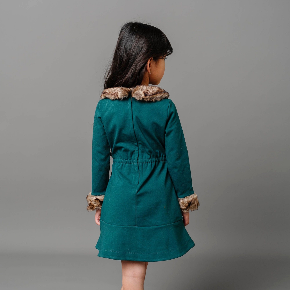Hope & Henry Little Girls Long Sleeve Ponte Skater Dress with Faux Fur Trim