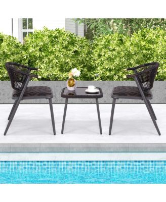 3 PCS Patio Rattan Furniture Set with Tempered Glass Tabletop Wicker Seat