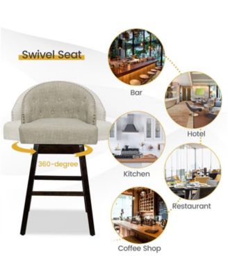 Set of 2 Swivel Bar Stools with Rubber Wood Legs and Padded Back