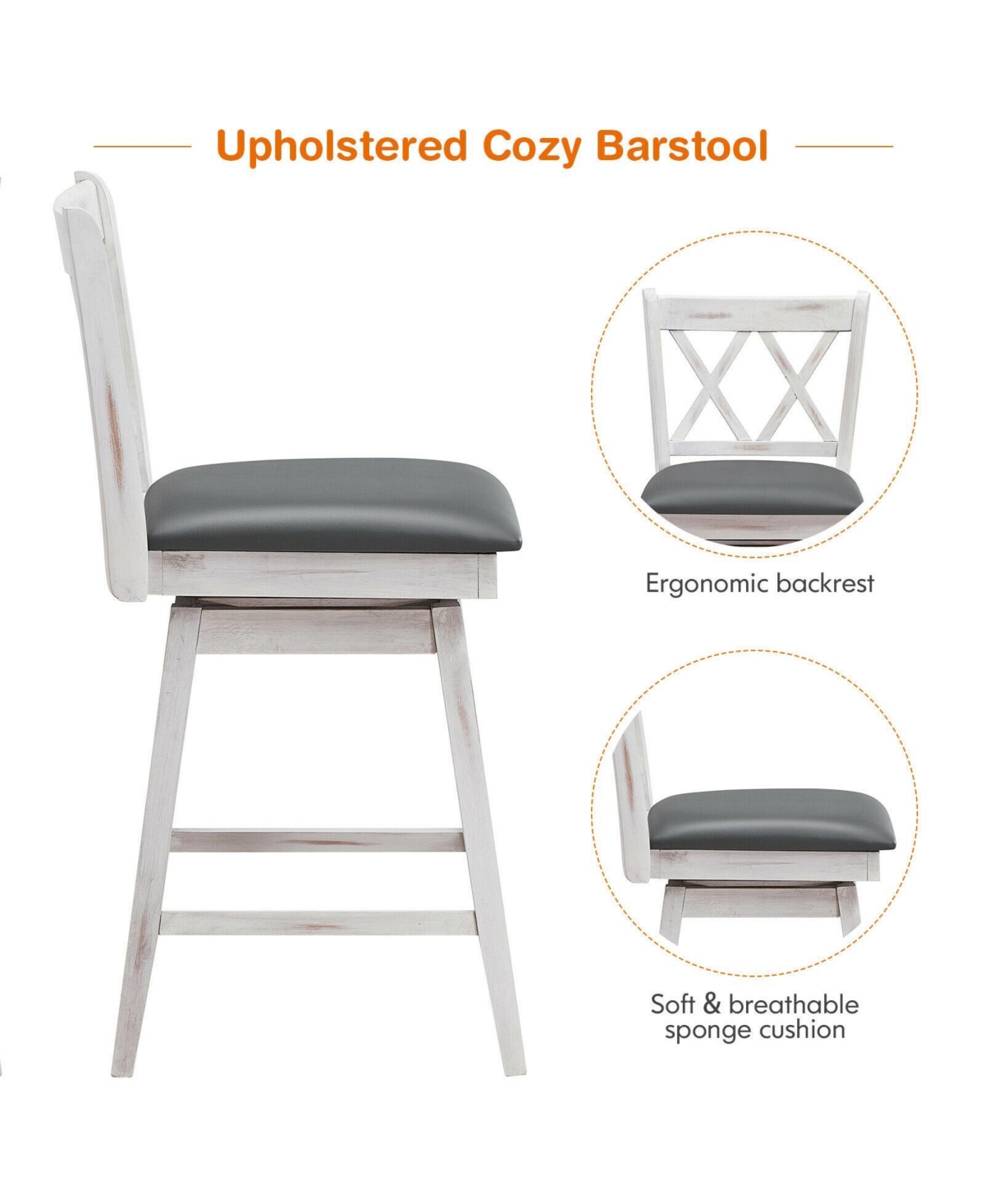 Sugift 2 Pieces Swivel Counter Height Barstool Set with Rubber Wood Legs