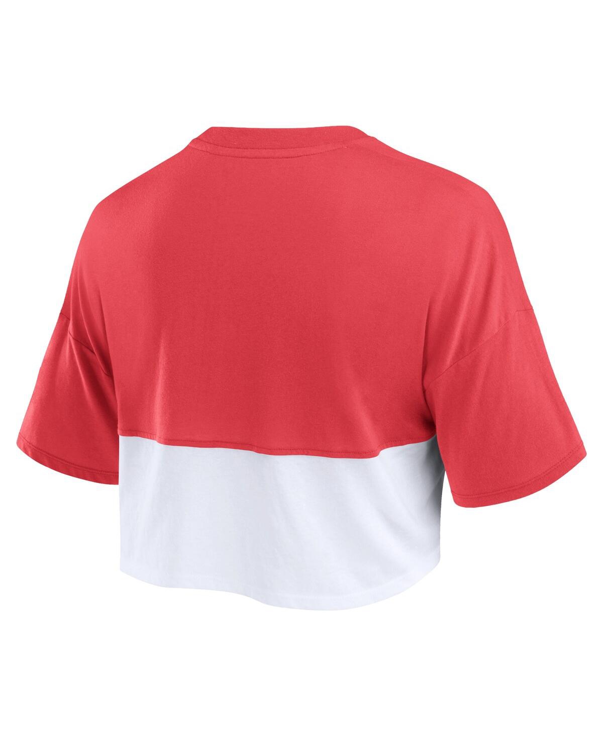 Fanatics Women's Crimson/white Alabama Crimson Tide Oversized Badge Color Block Cropped T-shirt In Crimson,white