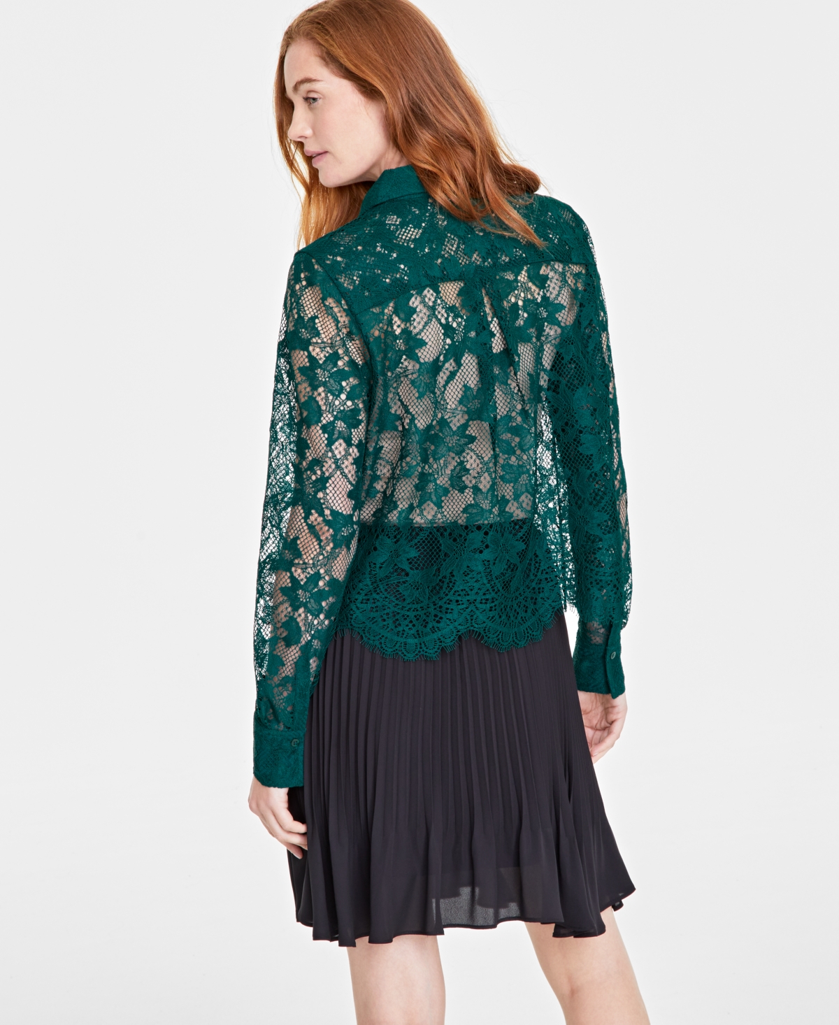 On 34th Women's Lace Button-front Long-sleeve Shirt, Created For Macy's In Dark Fores