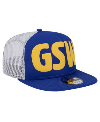 Men's Royal Golden State Warriors Puff Print Team Code A-Frame 9FIFTY Trucker Snapback Hat